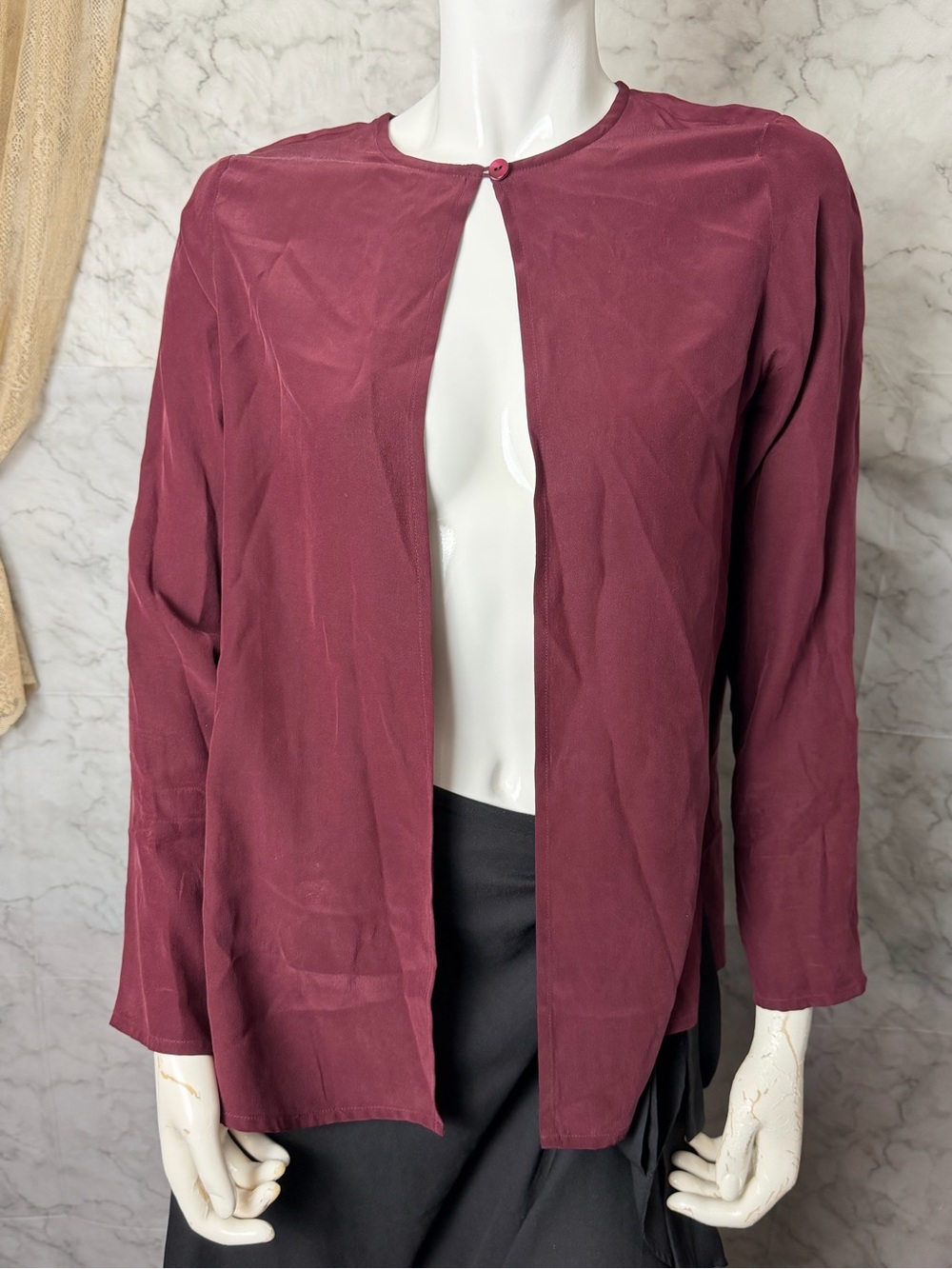 100% Silk Dusty Wine Burgundy Eileen Fisher Open Front Cardigan Petite S Classy